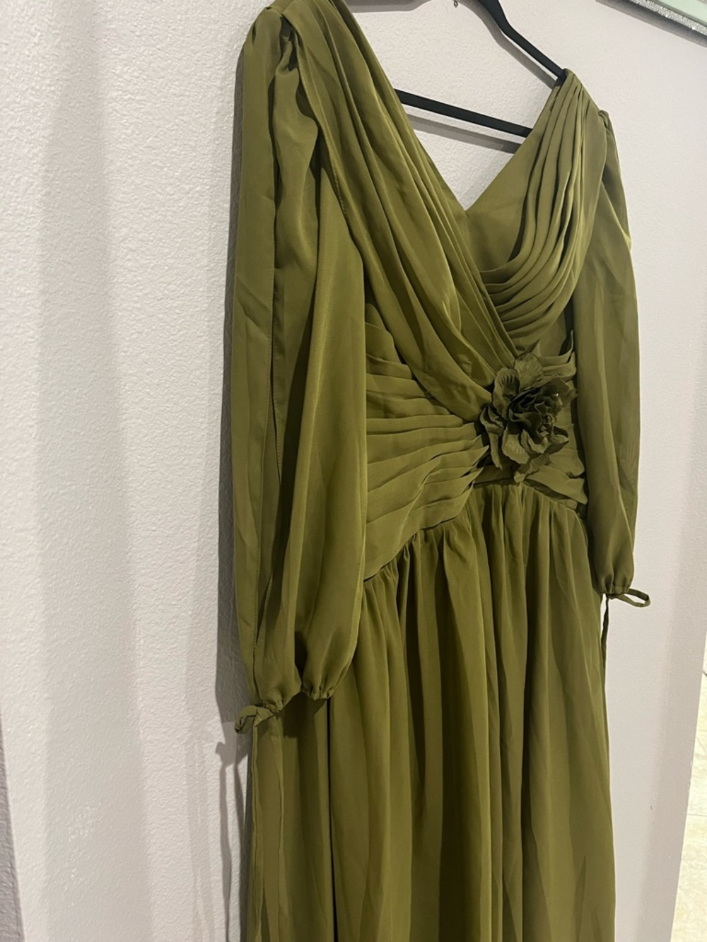 Elegant Chiffon Solid Color Long Slit Puff Sleeve Maxi Dress - Picture 7 of 14